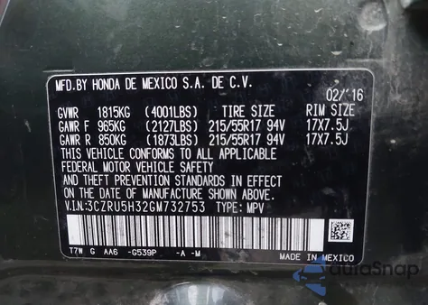 2016 Honda Hr-V Lx z USA, uszkodzony, nr VIN 3CZRU5H32GM732753